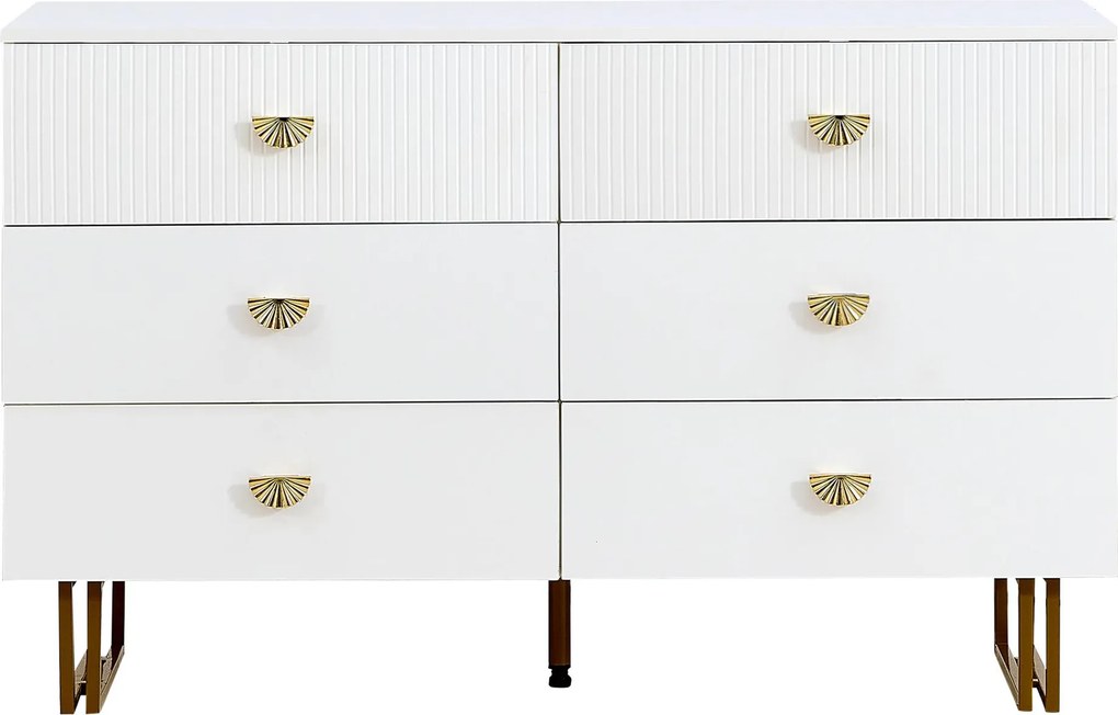Comodă modernă cu 6 sertare, mânere tip evantai și picioare din oțel, mult spațiu de depozitare, 120x40x75 cm, Alb