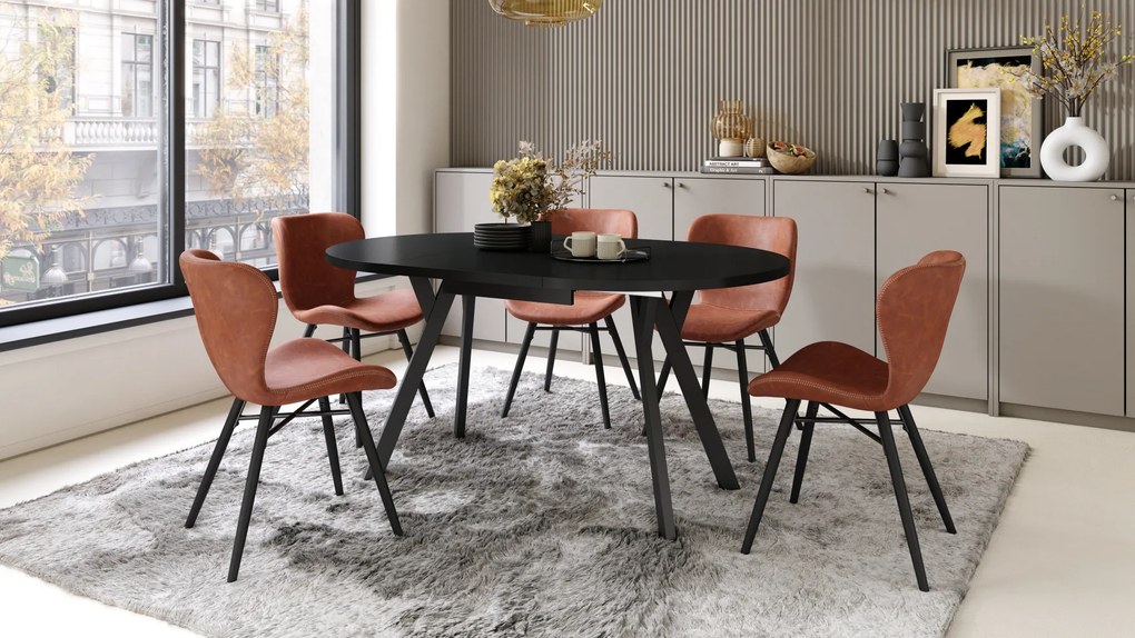 Mazzoni ALMO Negru/picioare negre - MASĂ ROTUNDĂ EXTENSIBILĂ CU PICIOARE ÎN FORMĂ DE Y STIL LOFT PENTRU SALON/SUFRAGERIE