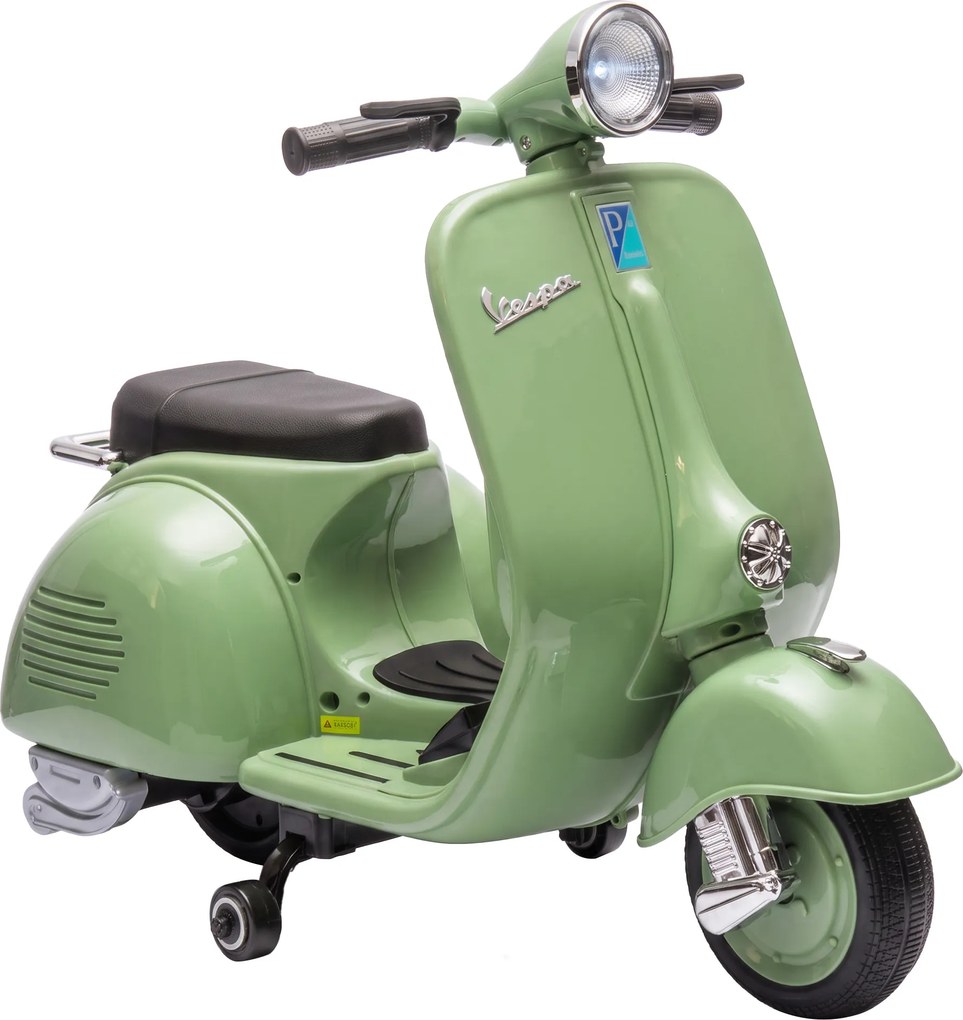 AIYAPLAY Motocicletă Electrică pentru Copii 3+ Ani, Licență VESPA, 6V, cu Roți Ajutătoare Detașabile, Max. 30 kg, Verde | Aosom Romania