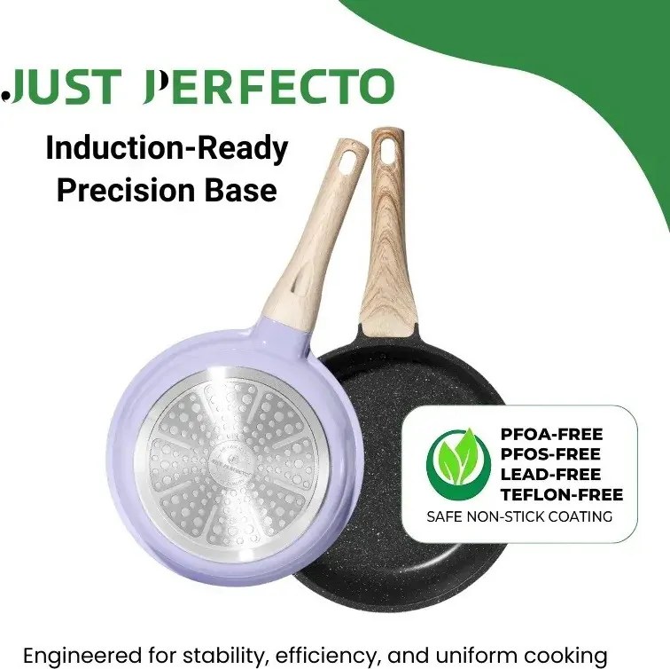 Set de oale si tigai Just Perfecto JL-34, 13 piese, Aluminiu, Acoperire din marmura, Capace din sticla cu orificiu pentru abur, Fara PTFE si PFOA, Inductie, Violet/bej