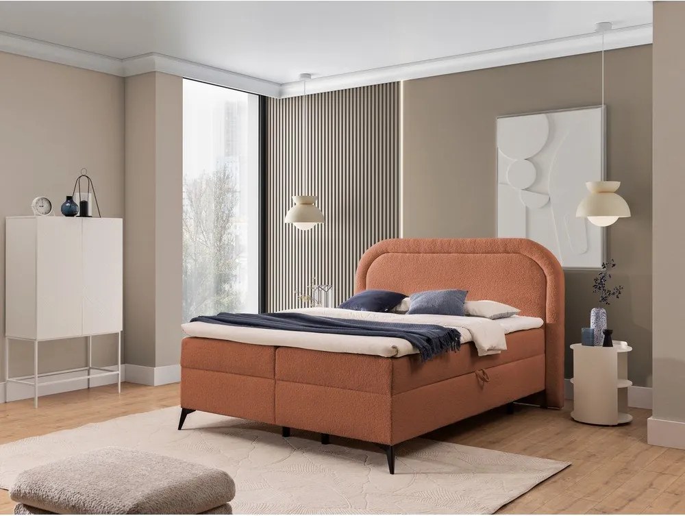 Pat boxspring portocaliu cu spațiu de depozitare 160x200 cm Ornes – Ropez