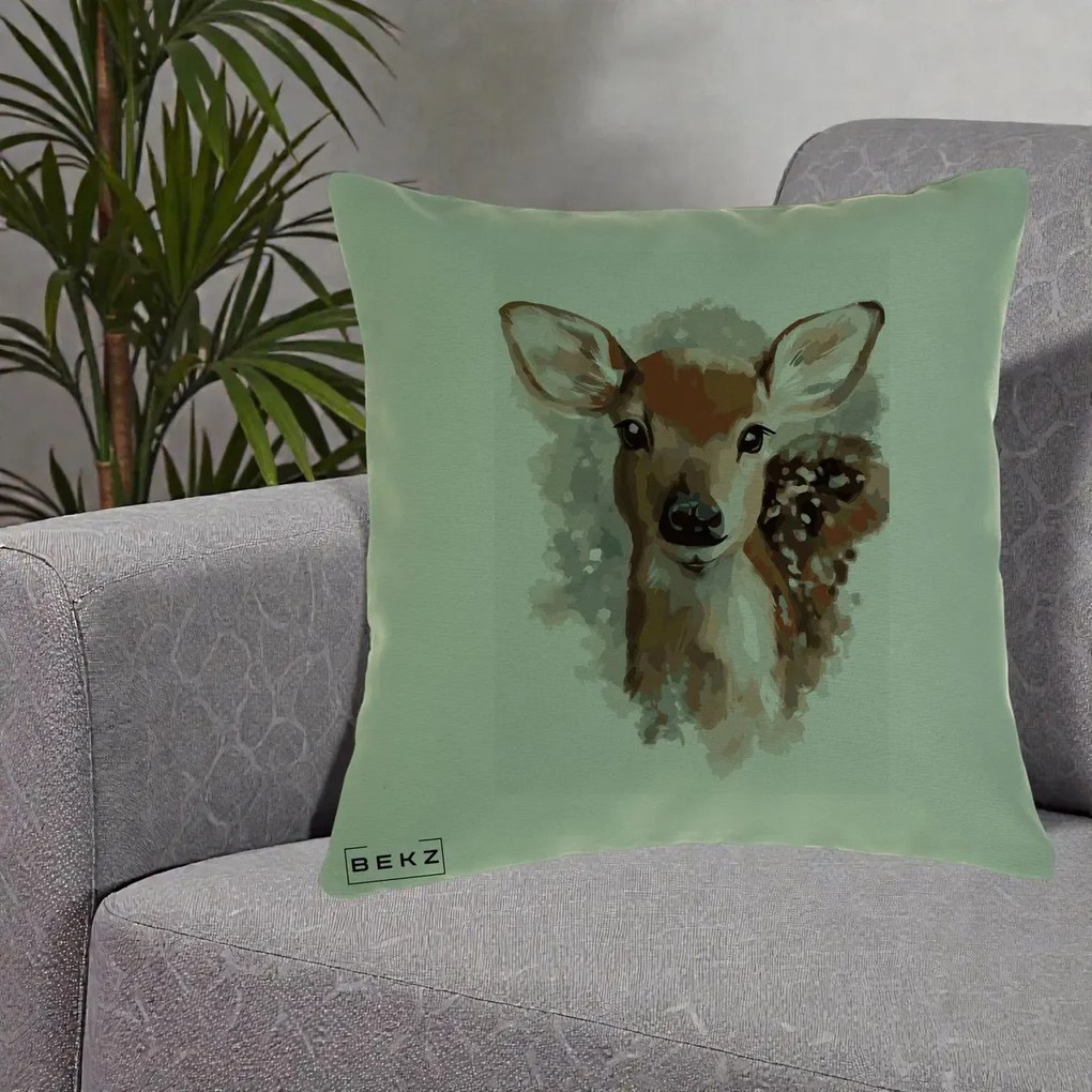 Perna Decorativa Caprioara Pui Acuarela, 40x40 cm, Verde, Husa Detasabila, Perna Inclusa, BEKZ®