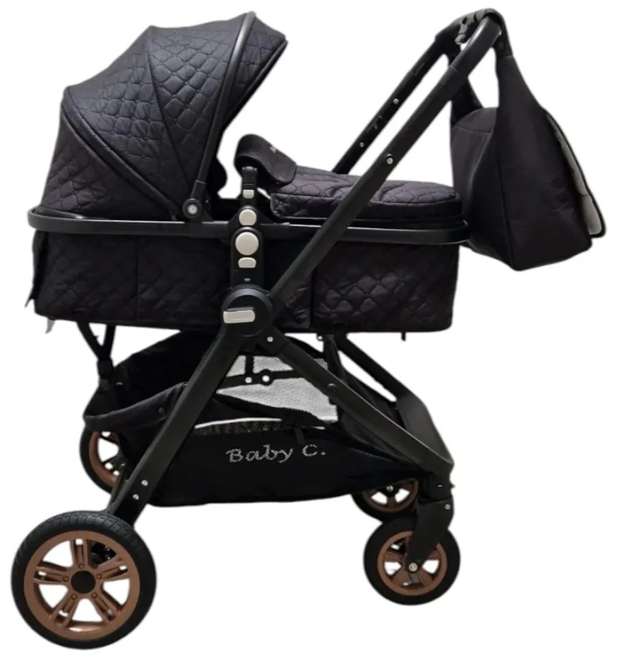 Carucior nou nascuti 2 in 1 Baby Care X2S, Maner reversibil, Cu geanta bebe, Amortizoare, Roti din cauciuc plin AVE, Spatar reglabil 3 trepte, Plasa