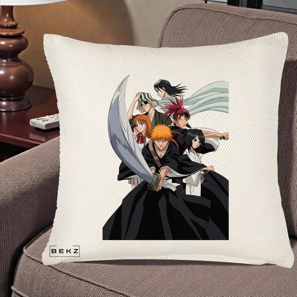 Perna Personalizata Bleach Grup Complet Ichigo si Prietenii, 40x40 cm, Crem Reliefat, Husa Detasabila, Perna Inclusa, BEKZ®