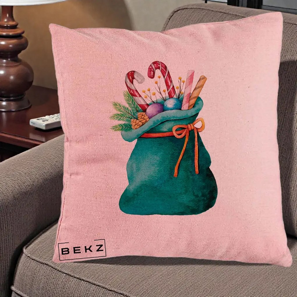 Perna Decorativa Saculet Cadouri Mos Craciun Acuarela Verde, 40x40 cm, Roz, Husa Detasabila, Perna Inclusa, BEKZ®