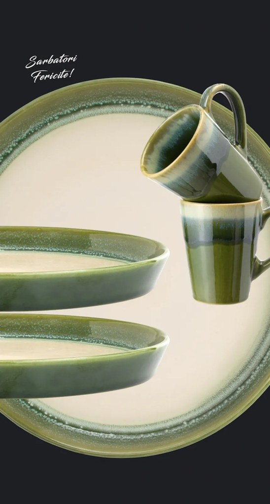 Set Cadou Ceramica Infinity Green (2 Farfurii Mari 25cm, 2 Cani 300ml) Exceptional