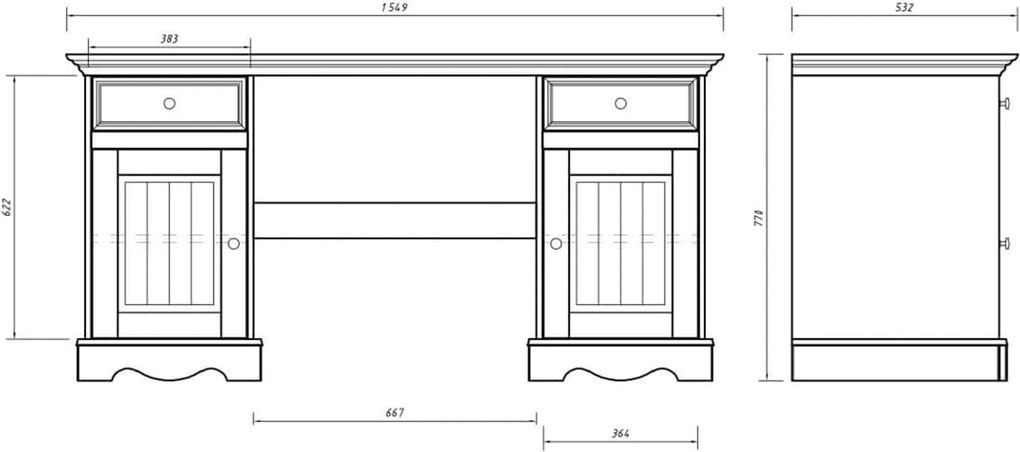 Birou lemn masiv alb Linea, 155 × 54 × 77 cm