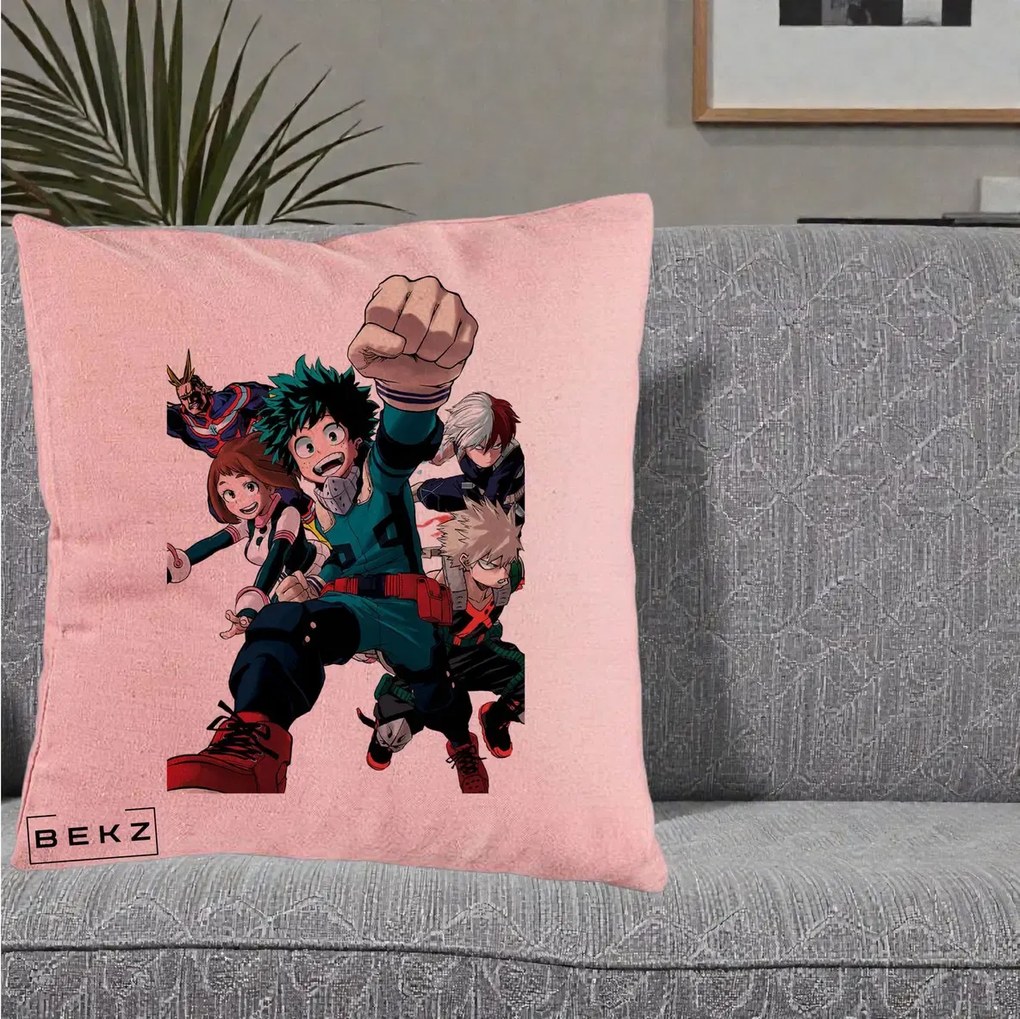 Perna Personalizata My Hero Academia Izuku Deku si Echipa, 40x40 cm, Roz, Husa Detasabila, Perna Inclusa, BEKZ®