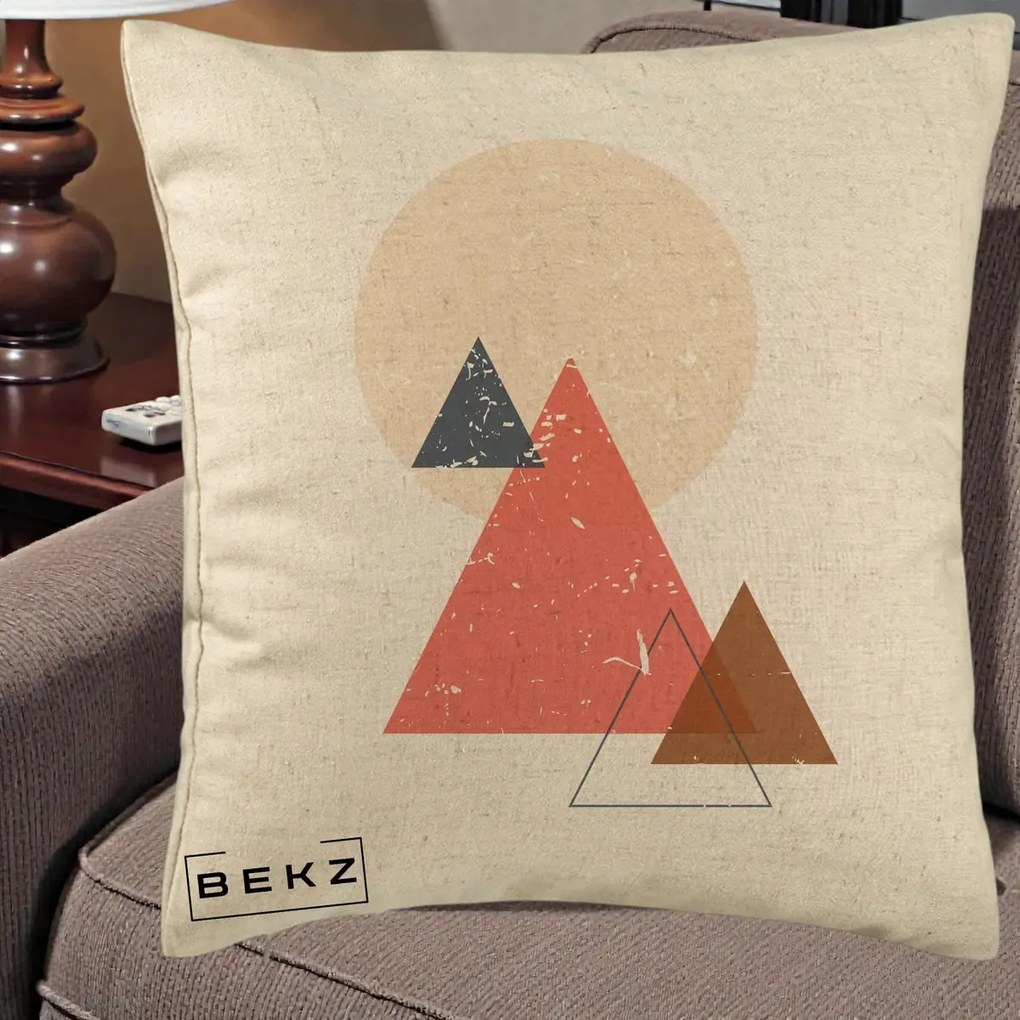 Perna Decorativa Geometric Munti si Soare, 40x40 cm, Bej, Husa Detasabila, Perna Inclusa, BEKZ®