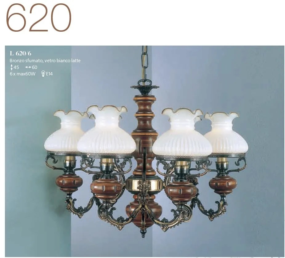 Candelabru cu 6 brate design italian din alama cu lemn 620