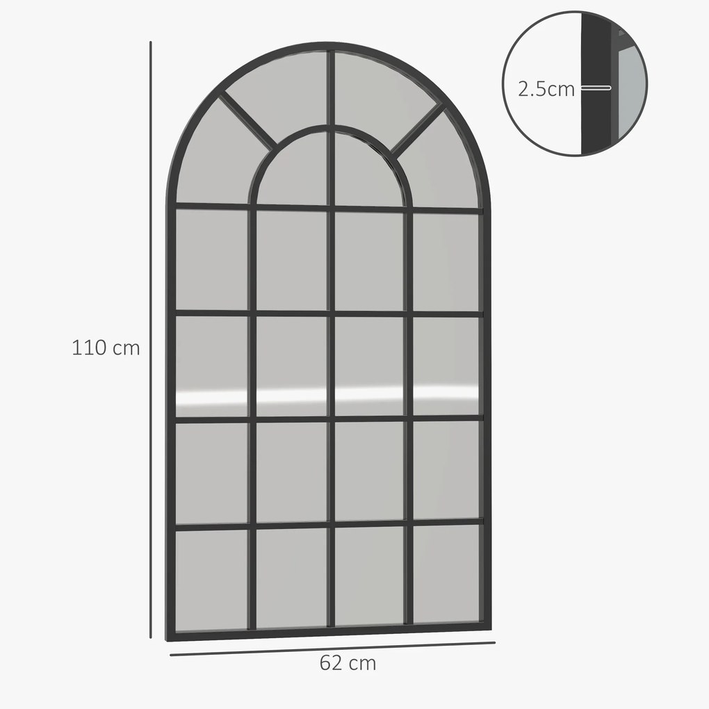 Oglindă arcuită pentru casă și birou cu suport de perete din sticlă groasă și metal, 62x2,5x110 cm, de culoare negru HOMCOM | Aosom Romania