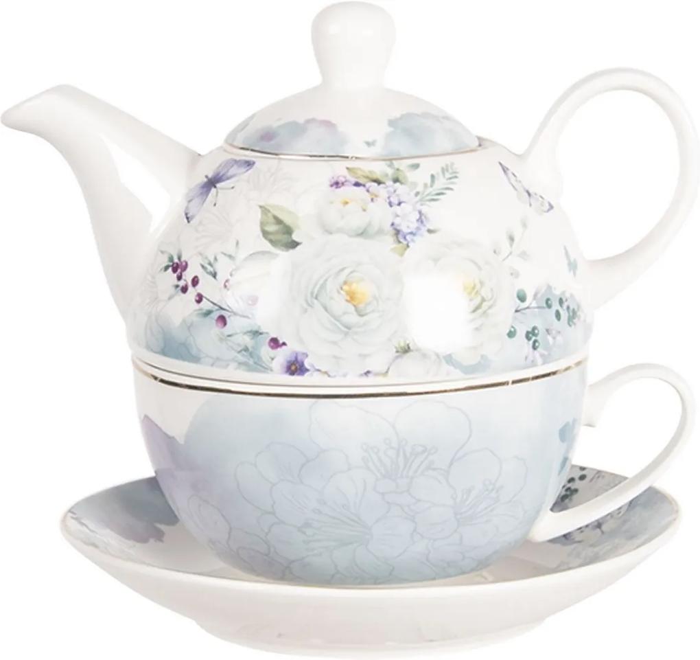 Set ceainic cu ceasca din portelan decor floral albastru 16 cm x 15 cm x 14 h / 0.46 L