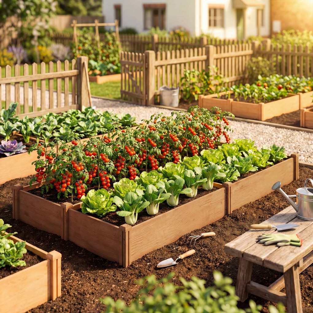 Outsunny Pat de grădină pătrat din lemn, 4 zone de cultură, fond deschis, montaj fără unelte, 234x109x25cm, maro deschis | Aosom Romania