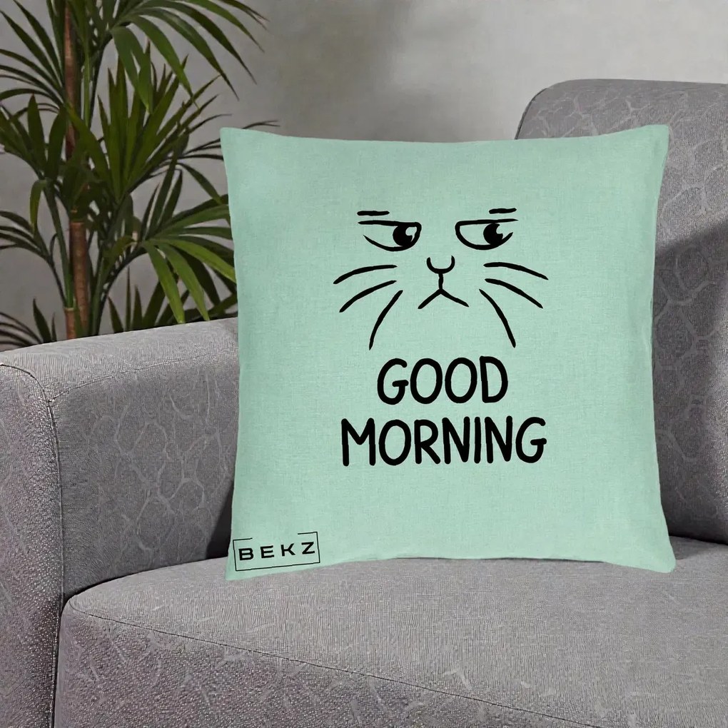 Perna Decorativa Pisica Morocanoasa Good Morning, 40x40 cm, Verde Menta, Husa Detasabila, Perna Inclusa, BEKZ®