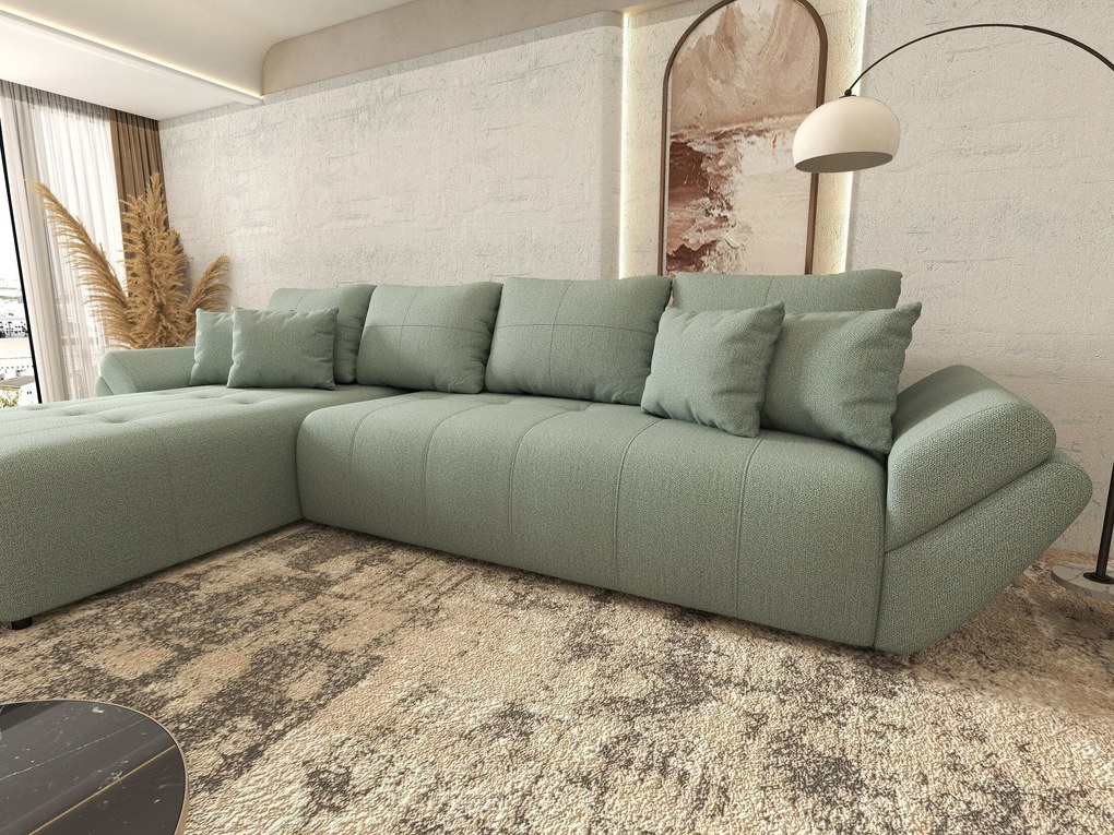 Colțar extensibil dumonde cu ladă de depozitare si sezut confortabil din spuma high-density, Berlin XL Enjoy Mint 350x185 cm