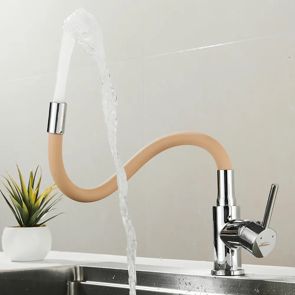 Robinet mixer pentru chiuvetă cu piedestal Corin cu gura de scurgere flexibilă bej