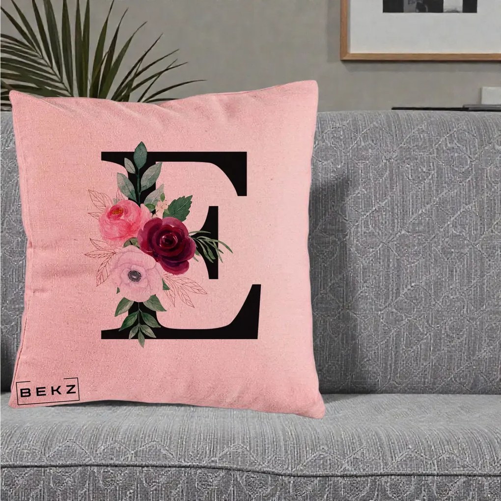 Cadou Personalizat - Perna Personalizata Monograma Florala Litera E, 40x40 cm, Roz, Husa Detasabila, Perna Inclusa, BEKZ®