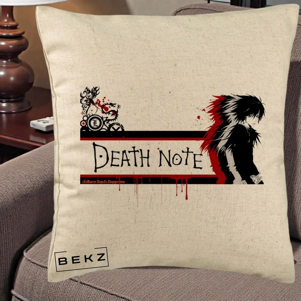 Perna Personalizata Death Note L Lawliet Rosu-Negru, 40x40 cm, Bej, Husa Detasabila, Perna Inclusa, BEKZ®