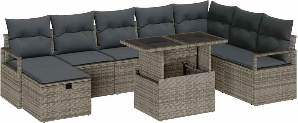 vidaXL Set de canapele pentru grădină cu pernă 9 pcs Gri Rattan poli