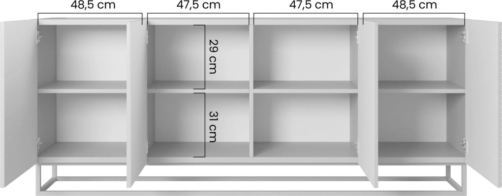 Comodă Asha 200 cm cu 4 uși - negru mat / cadru negru