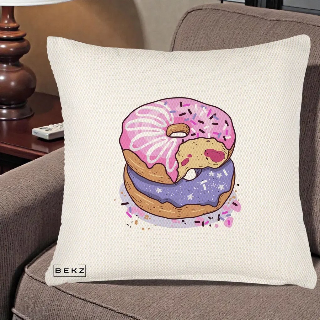 Perna Decorativa Donuts Roz si Mov, 40x40 cm, Crem Reliefat, Husa Detasabila, Perna Inclusa, BEKZ®