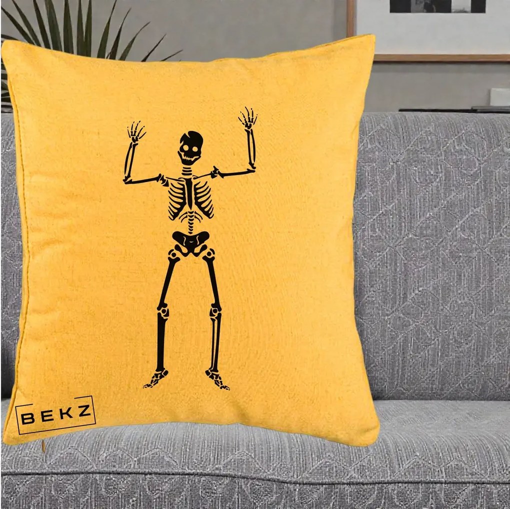 Perna Decorativa Halloween Schelet Dansator, 40x40 cm, Galben, Husa Detasabila, Perna Inclusa, BEKZ®
