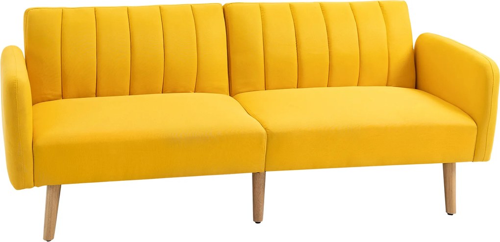 HOMCOM Canapea extensibilă 2 locuri modernă 173x75x73 cm Canapea pliabilă tapițată cu material sintetic cu aspect de in, spătar reglabil în 3 trepte și cotiere detașabile pentru living/birou Galben | Aosom Romania