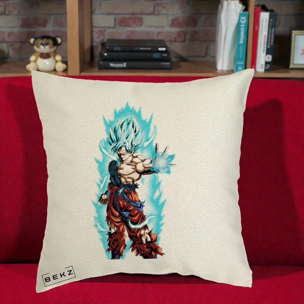 Perna Personalizata Dragon Ball Goku Ultra Instinct Blue, 40x40 cm, Ecru, Husa Detasabila, Perna Inclusa, BEKZ®