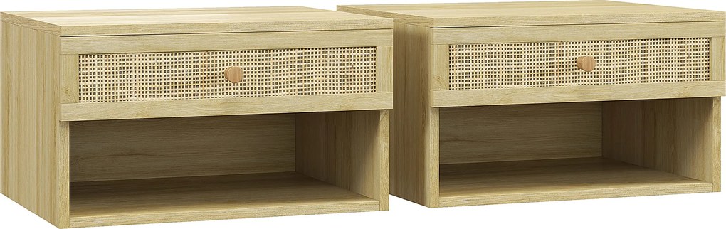 HOMCOM Set de 2 Noptiere Plutitoare, Noptiere cu Sertar din Ratan și Raft Deschis pentru Dormitor, 40x34x23 cm, Lemn Natural | Aosom Romania