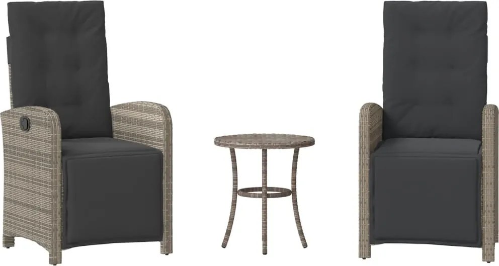 vidaXL Set bistro de grădină cu perne, 3 piese, gri, poliratan