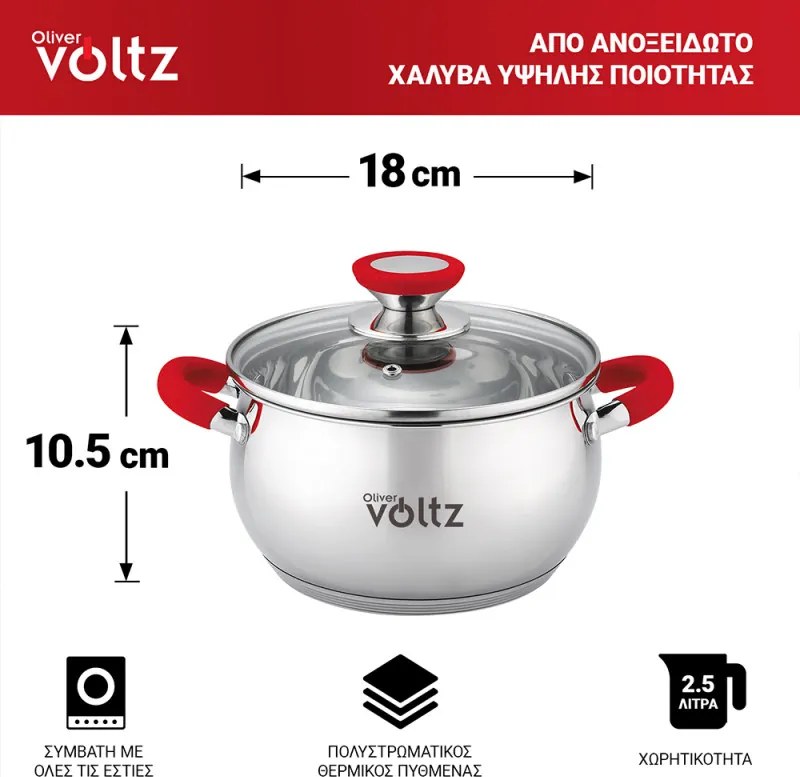 La mâna a doua: Oala Oliver Voltz OV51210N18, 18 cm, 2,5 l, Inductie, Manere silicon rosii, Inox/Roşu