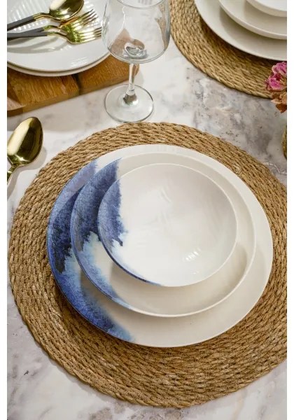 Set veselă 24 piese, porțelan, crem/albastru