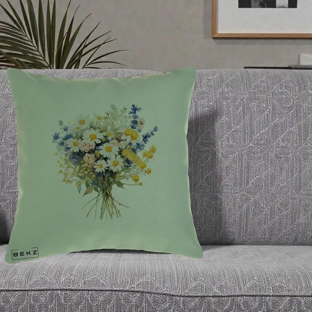 Perna Decorativa Buchet Camp Acuarela Margarete-Lavanda, 40x40 cm, Verde, Husa Detasabila, Perna Inclusa, BEKZ®