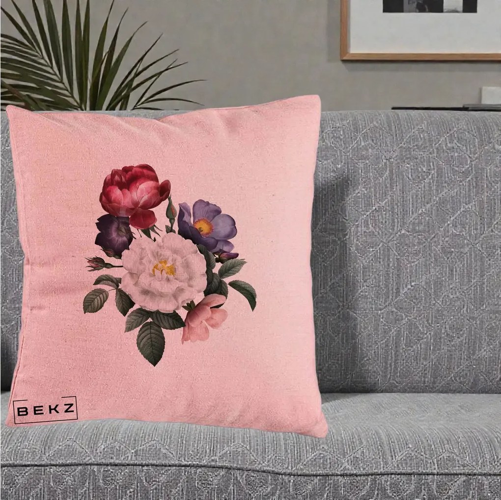 Perna Decorativa Buchet Trandafiri Bujori Botanical, 40x40 cm, Roz, Husa Detasabila, Perna Inclusa, BEKZ®