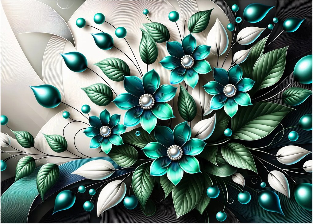 Tablou pe sticlă - Flori turcoaz 3D (70x50 cm)