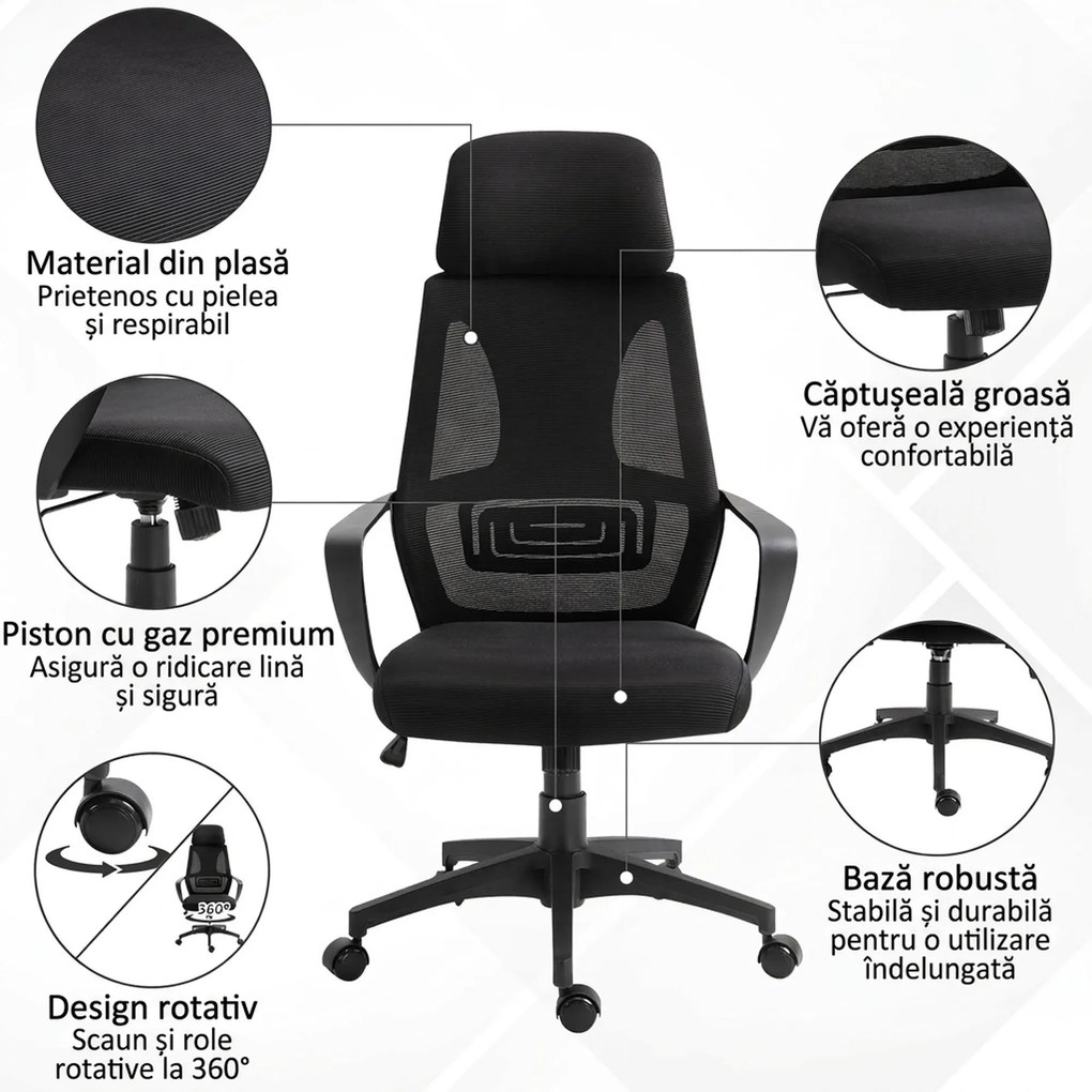Vinsetto Scaun de Birou Ergonomic cu Brațe și Tetieră Reglabilă, Scaun Pivotant cu Suport Lombar, 64x55x116-126 cm, Negru | Aosom Romania
