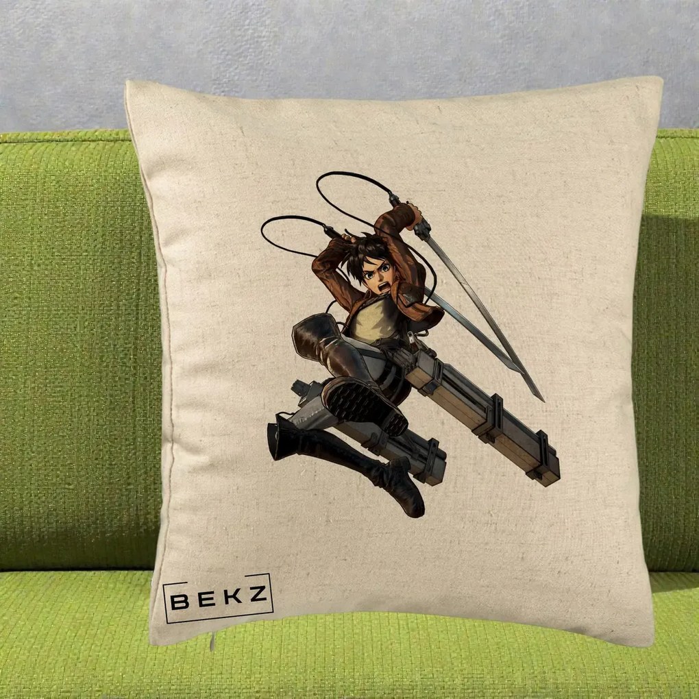 Perna Personalizata Attack on Titan Eren Yeager Lupta, 40x40 cm, Bej, Husa Detasabila, Perna Inclusa, BEKZ®