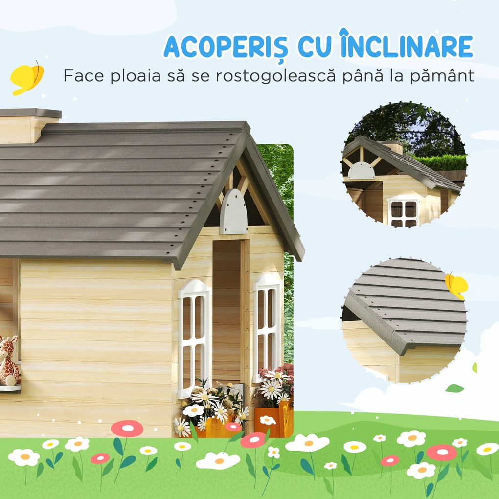 Outsunny Casa de Joaca din Lemn pentru Copii pentru Jocuri de Rol, cu Usa Functionala, Ferestre, Banca, Statie de Service, pentru Copii de 3-7 ani
