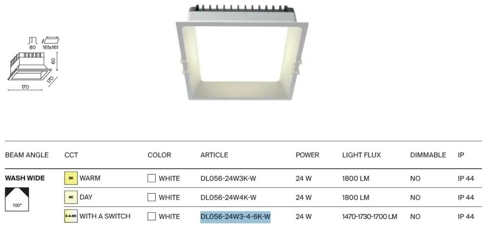 Spot LED incastrabil protectie IP44 Okno 17x17cm CCT