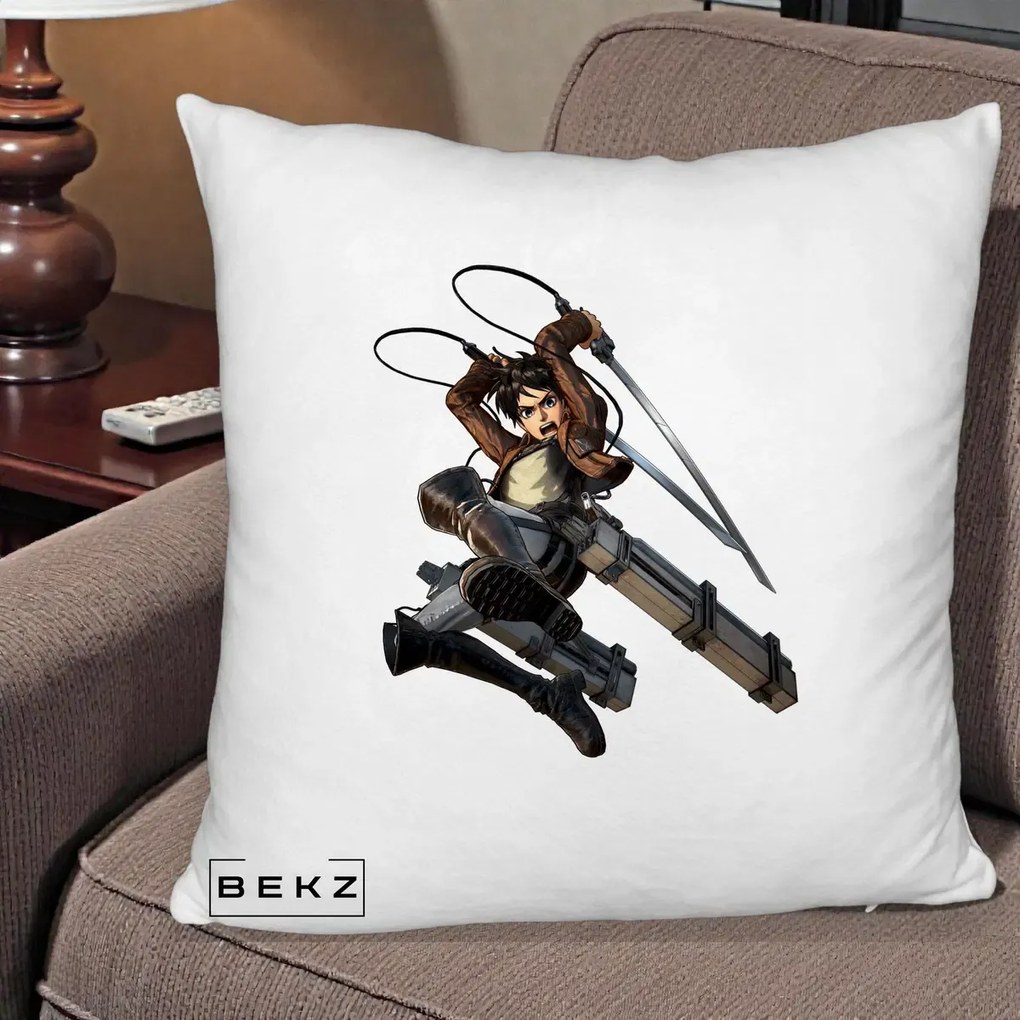 Perna Personalizata Attack on Titan Eren Yeager Lupta, 40x40 cm, Alb Pufos, Husa Detasabila, Perna Inclusa, BEKZ®