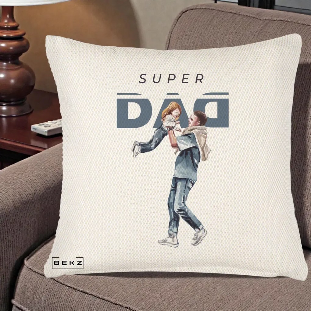 Cadou pentru Tata - Perna Personalizata Super DAD Tata si Fiica, 40x40 cm, Crem Reliefat, Husa Detasabila, Perna Inclusa, BEKZ®