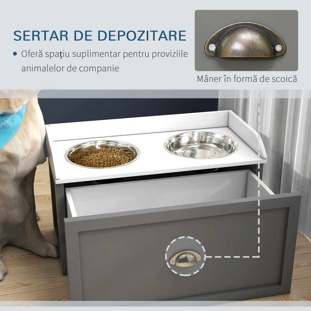 PawHut Boluri Înălțate pentru Câini din Oțel Inoxidabil și Lemn cu Sertar, 60x30x36 cm, Gri | Aosom Romania