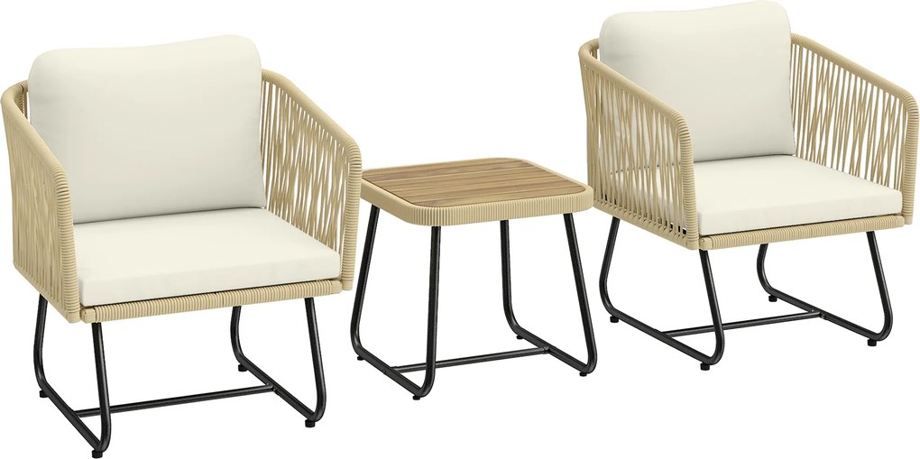 Outsunny Set bistro din ratan 3 piese FSC set mobilier de grădină cu 2 fotolii, masă din lemn cu lamele, perne groase lavabile, cadru din oțel | Aosom Romania