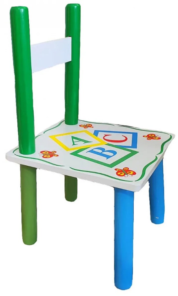Masuta copii din MDF cu doua scaune Novokids™ My first table, dimensiuni 59X39X40, suprafata lucioasa, cu litere, Alb cu Verde