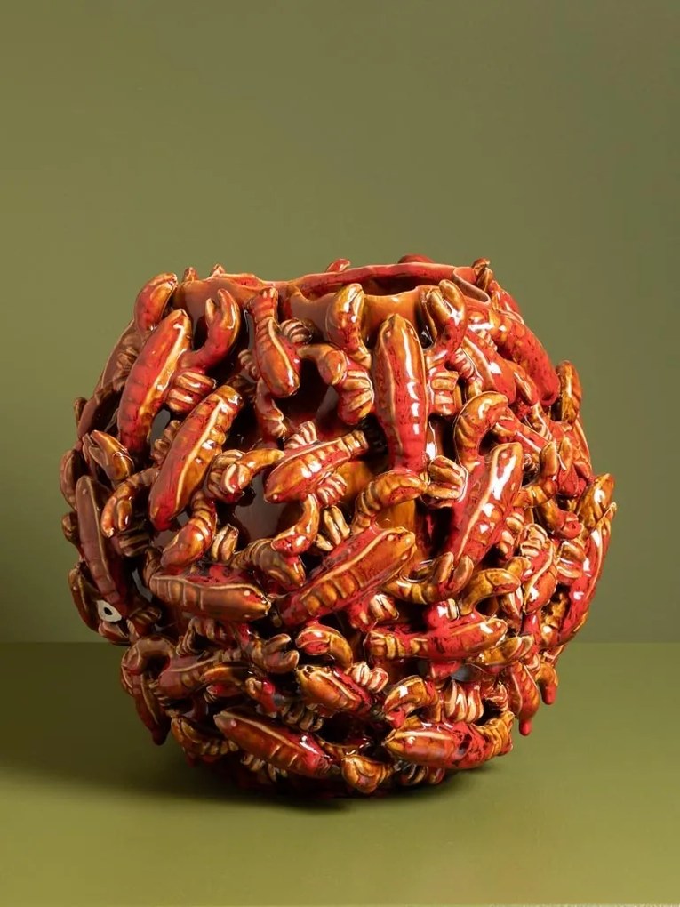 Vas decorativ din ceramica cu motive marine in relief "Lobster Reef"