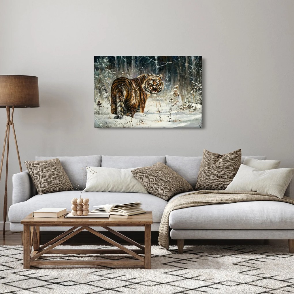 Tablou - Tigru într-o pădure înzăpezită, pictură în ulei (90x60 cm)