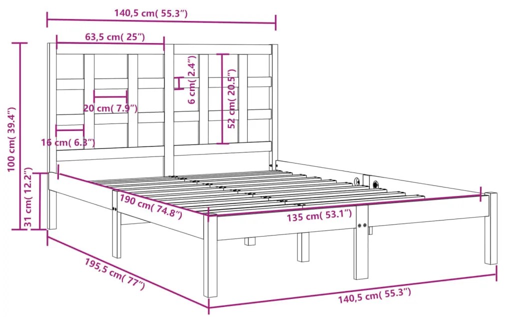 Cadru de pat dublu 4FT6, gri, 135x190 cm, lemn masiv Gri, 135 x 190 cm