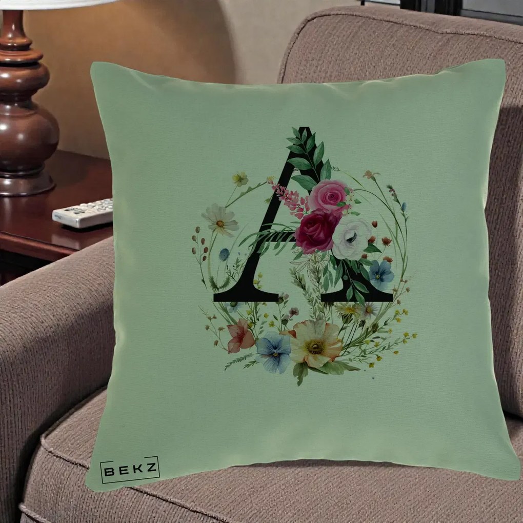 Cadou Personalizat - Perna Personalizata Monogram Litera A cu Flori Acuarela, 40x40 cm, Verde, Husa Detasabila, Perna Inclusa, BEKZ®