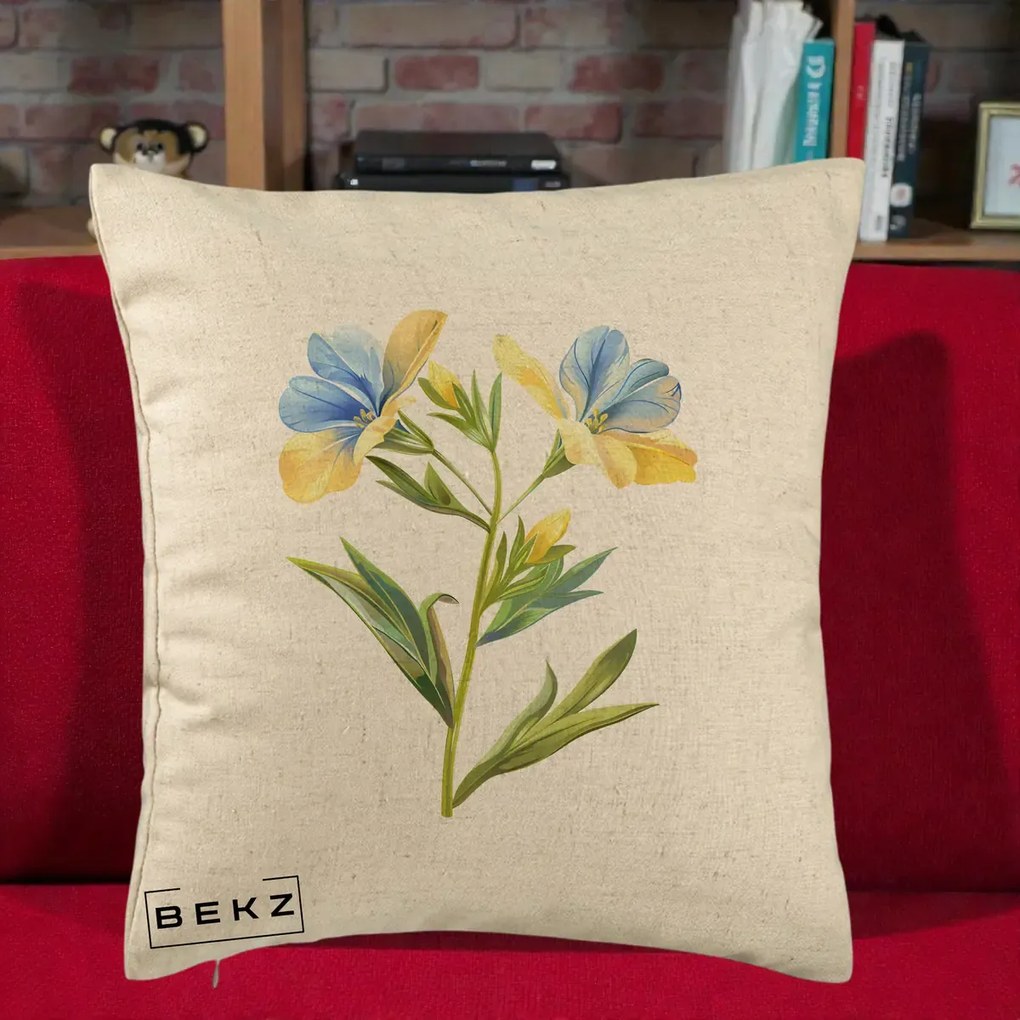 Perna Decorativa Botanica Frezie Galbena si Albastra, 40x40 cm, Bej, Husa Detasabila, Perna Inclusa, BEKZ®