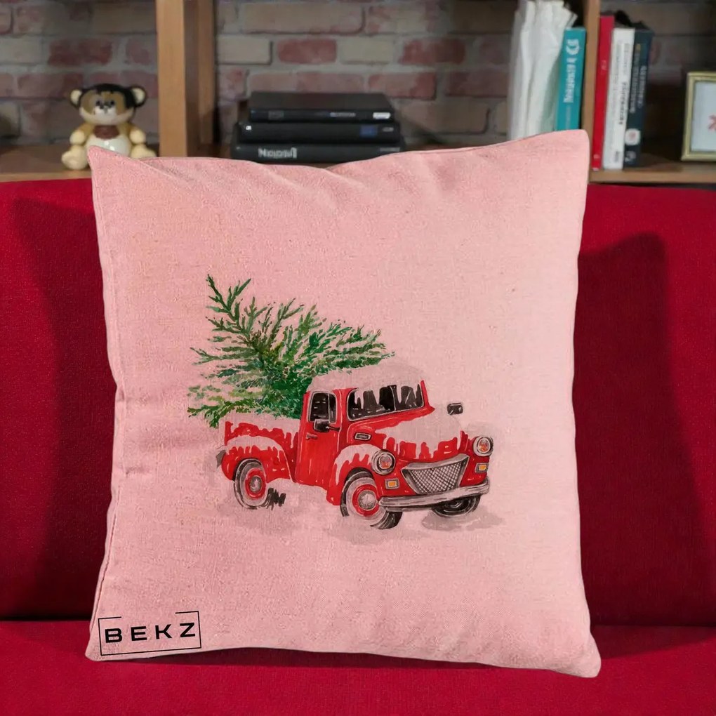 Perna Decorativa Camioneta Rosie Brad de Craciun, 40x40 cm, Roz, Husa Detasabila, Perna Inclusa, BEKZ®